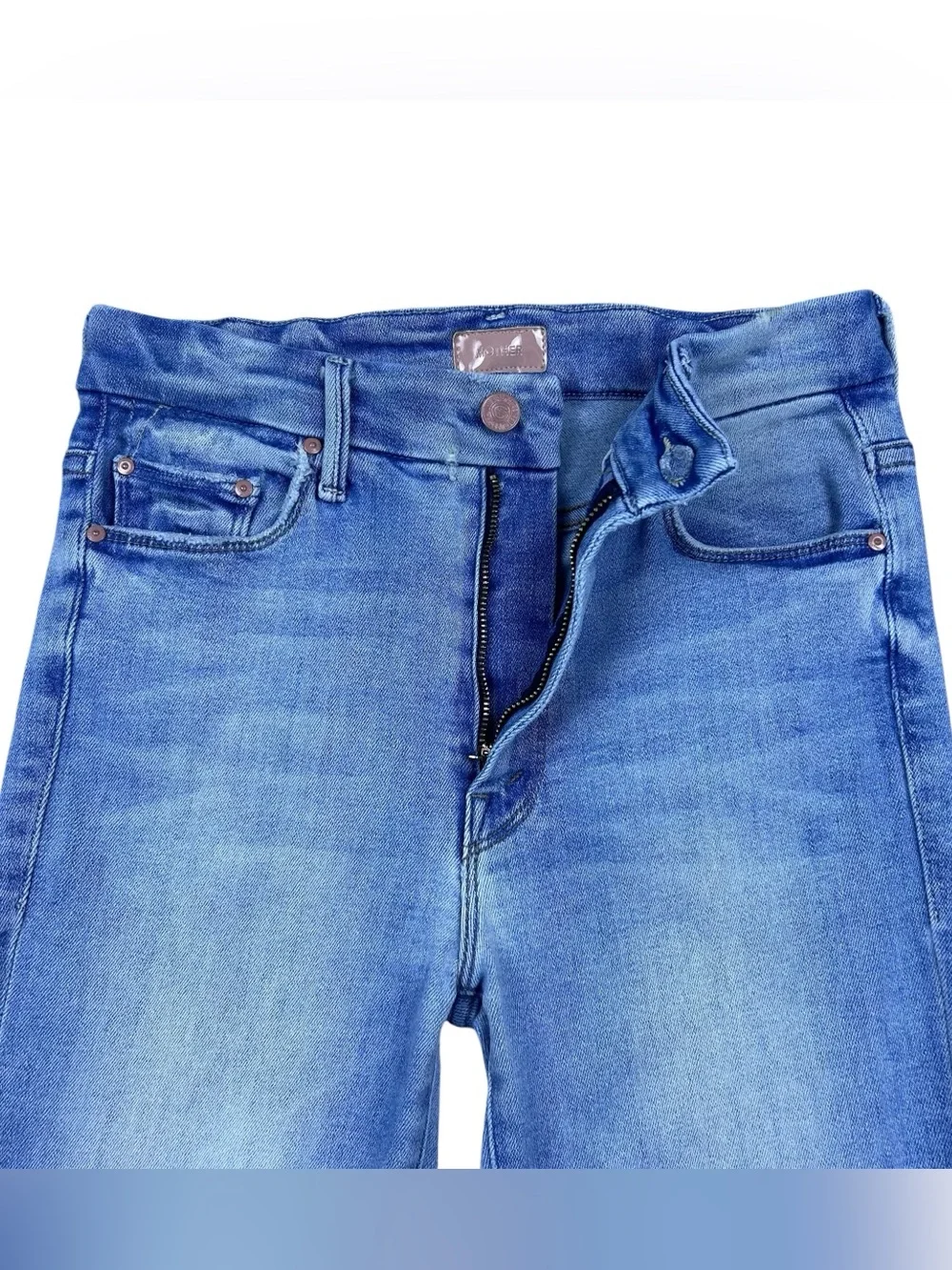 Mother High Waisted Looker Ankle Fray Jeans 27 Au Renoir Blue Skinny Stretch
